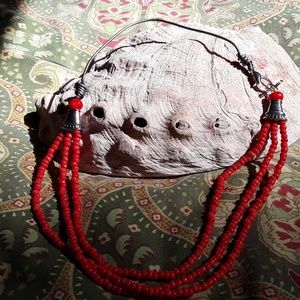 Leather w/ coral  beaded neclace